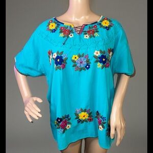 Honest Cotton Flower Embroidered Top AquaArtsy Boho